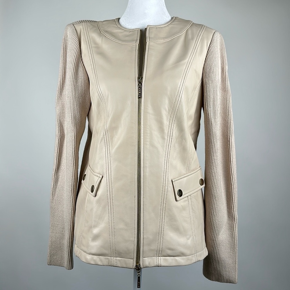Linea by Louis Dell’Olio Lamb Leather Jacket Cream with Knit Back & Sleeves Sz 4